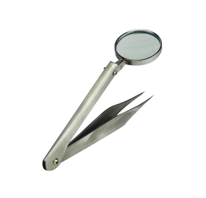 4-3/4 inch stainless steel magnifying glass lens inspection tweezers with 30x adjustable magnification and 1-3/4 inch lens diameter