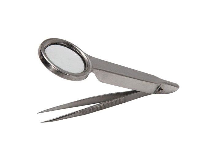3-3/4 inch surgical stainless steel tweezers with built-in 1-1/2 inch magnifying glass lens for up to 30x inspection