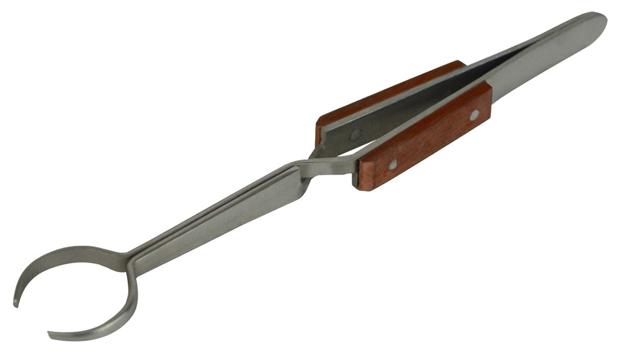 6-1/4 inch round fiber grip tweezers with self-closing handle and wooden grips for precision soldering and jewelry repair