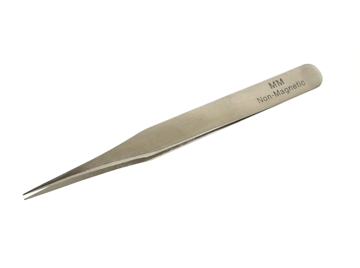 5-inch stainless steel antimagnetic tweezers with fine pointed tips and beveled edges for precision handling of small components