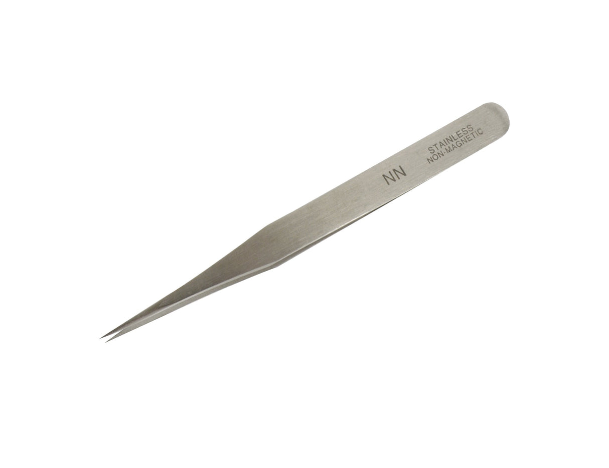 5-inch stainless steel antimagnetic tweezers with fine pointed tips for precise handling of small components in jewelry and watchmaking.