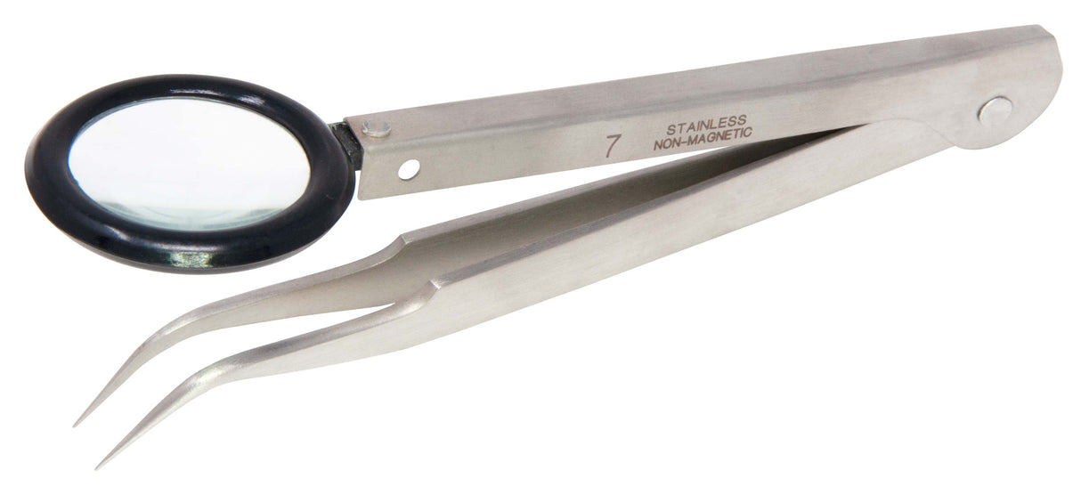 4-1/2" Size #7 Anti-Magnetic Pointed 3X Magnifying Curved Tweezers by PMC Supplies