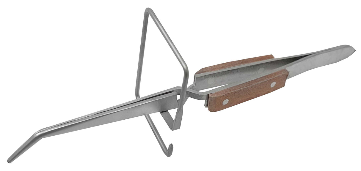6-1/2" curved soldering fiber tweezer with wooden heat-resistant grips and built-in metal stand for precise, hands-free electronics assembly
