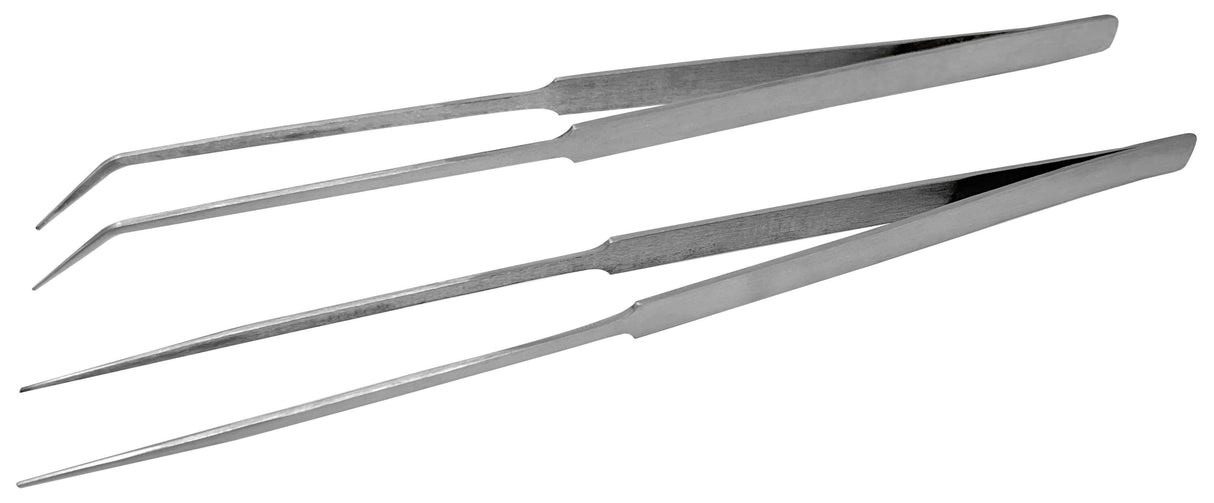 2 Piece 10-inch long nose tweezers with straight and curved tips in protective pouch for precision tasks