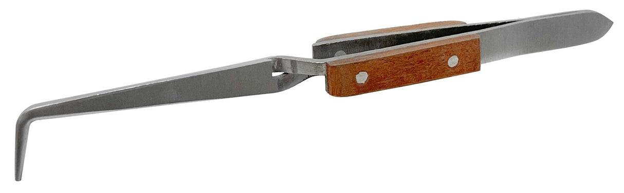 Soldering cross locking tweezers with 90 degree curved stainless steel tips and wooden fiber grip handles for precise electronics work