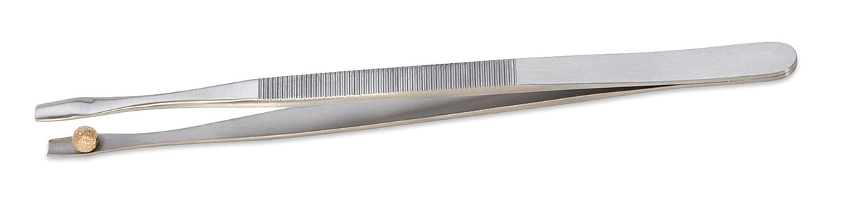 Open-ended beading tweezers with ergonomic grip and long half-round jaws holding a small bead for precise beadwork.