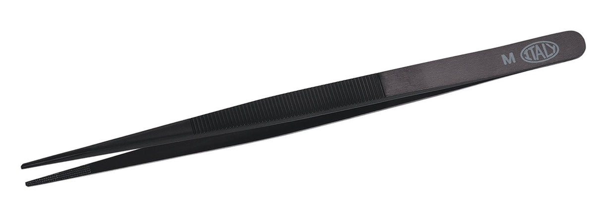 6-1/2" black medium Allegro Italian diamond tweezers with serrated tips for precision gripping