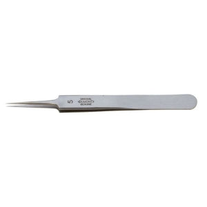 4-3/8 inch Dumoxel Dumont Style 5 precision tweezers with ultra-fine tips and hand-finished steel for micro-assembly and delicate tasks