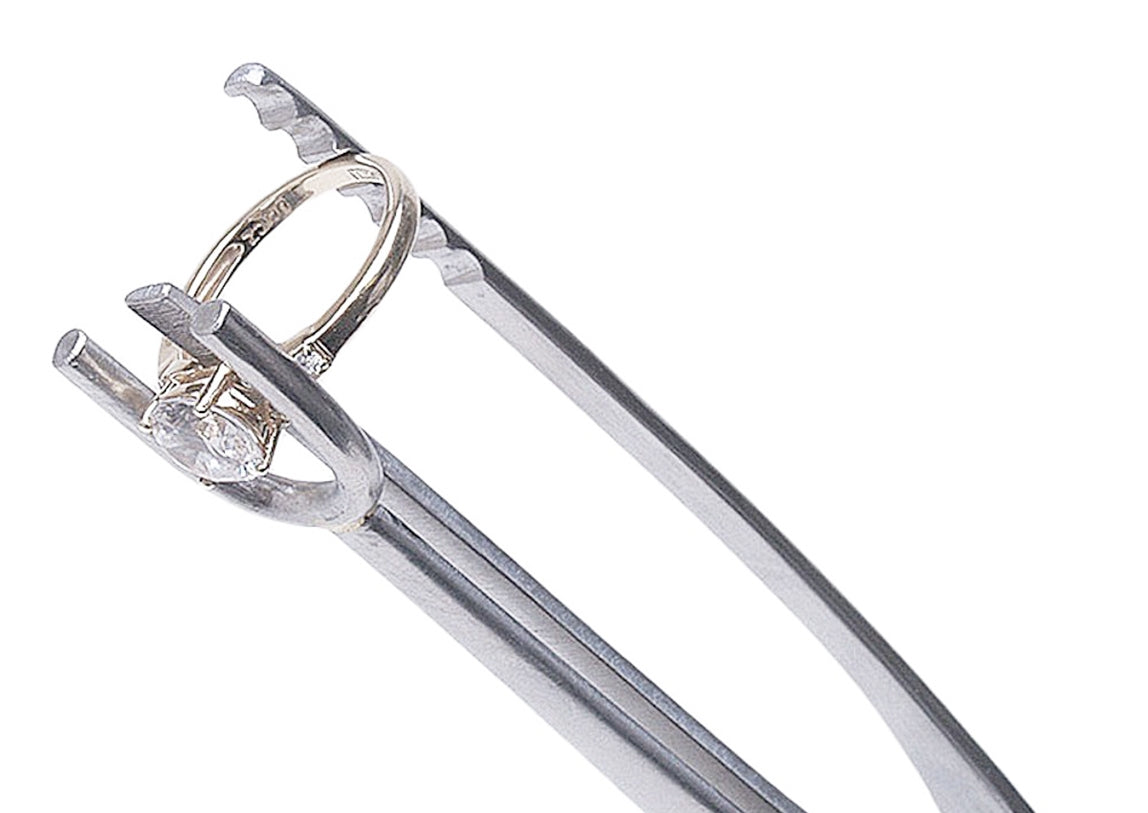 Ring Shank Soldering Tweezers holding a ring for precise jewelry soldering with stainless steel durable tips