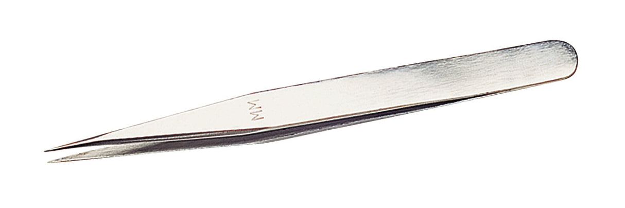 4-3/4" nickel-plated soldering tweezers with thick shanks for precise electronics handling