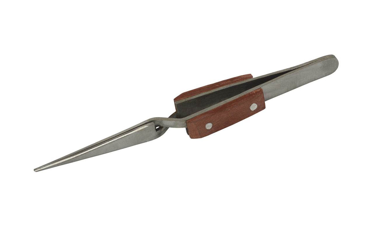 4-1/2 inch polished steel fiber grip tweezers with wooden handles and straight tip for precision tasks
