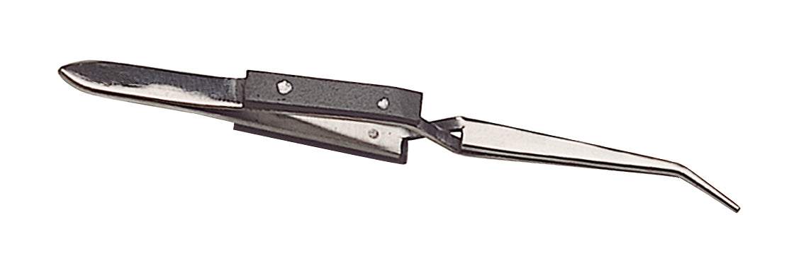 6-1/4 inch curved Fiber Grip Cross-Lock Tweezers with polished steel jaws and ergonomic handle for precision soldering and electronics work