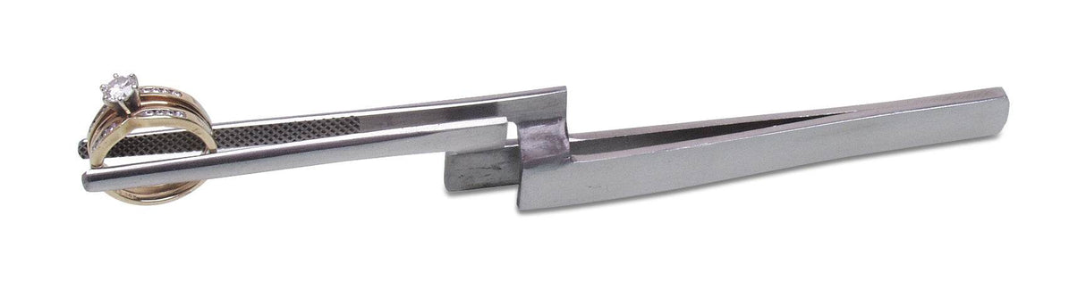 6-1/4" stainless steel standup cross-locking tweezers with straight serrated tips holding a ring for electronics and soldering tasks