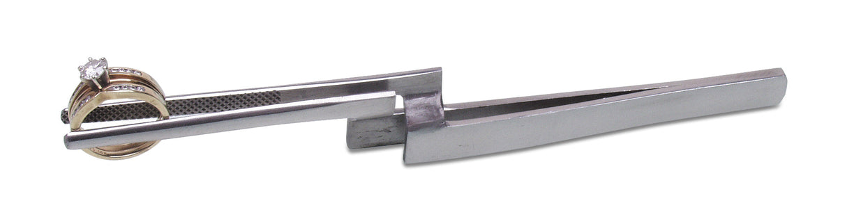 6-1/4" stainless steel standup cross-locking tweezers with straight serrated tips holding a ring for electronics and soldering tasks
