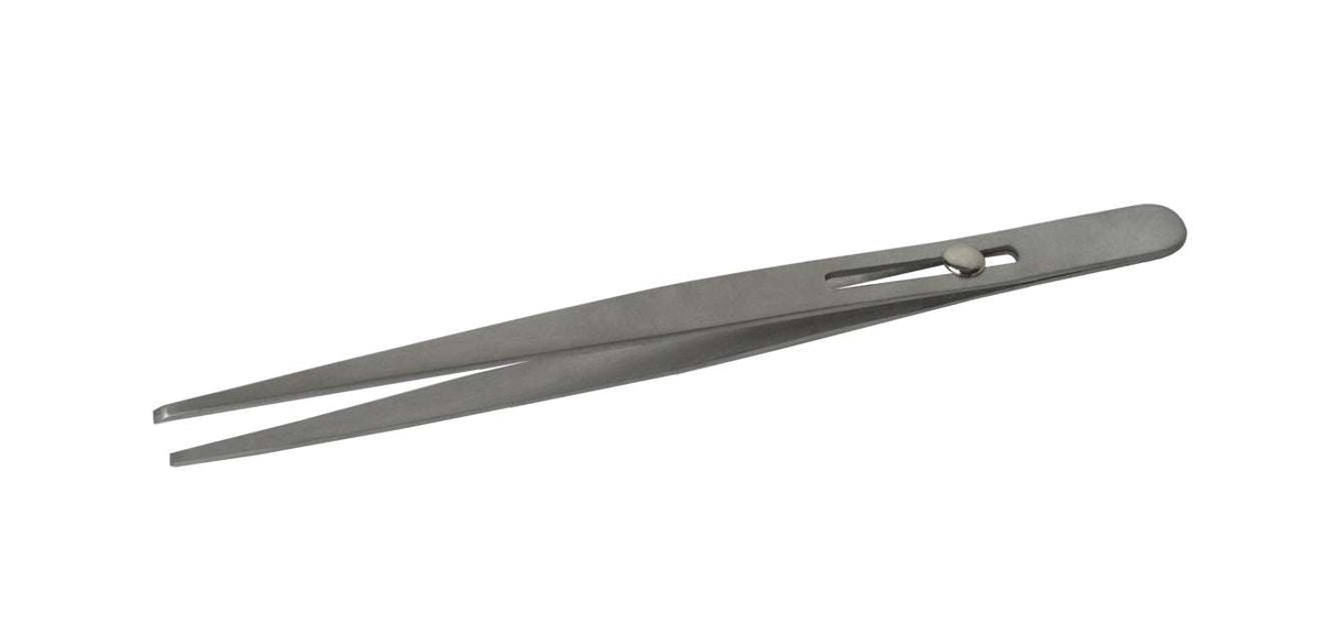 6-1/2 inch stainless steel blunt tipped slide-locking tweezers with serrated jaws for precision electronics and soldering tasks