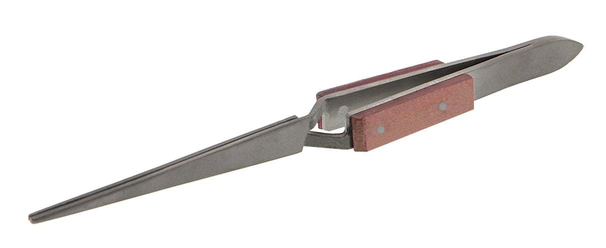 6-1/2 inch titanium cross-locking tweezers with fiber grips and serrated fine-point jaws for precision tasks