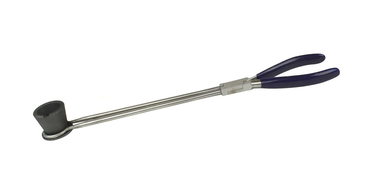 Small stainless steel tong holding a crucible cup for melting and metalworking tasks