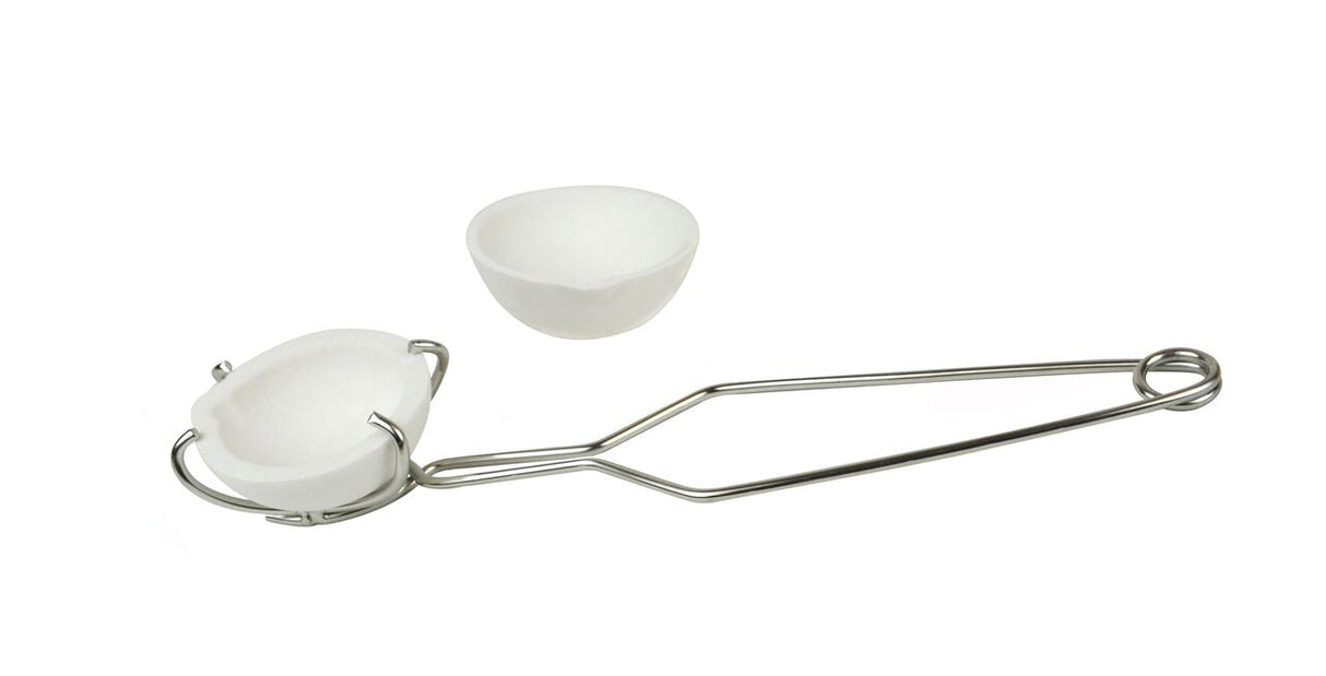Small ceramic crucible dish set with 100g and 250g capacity and metal whip tongs for melting and metal refining
