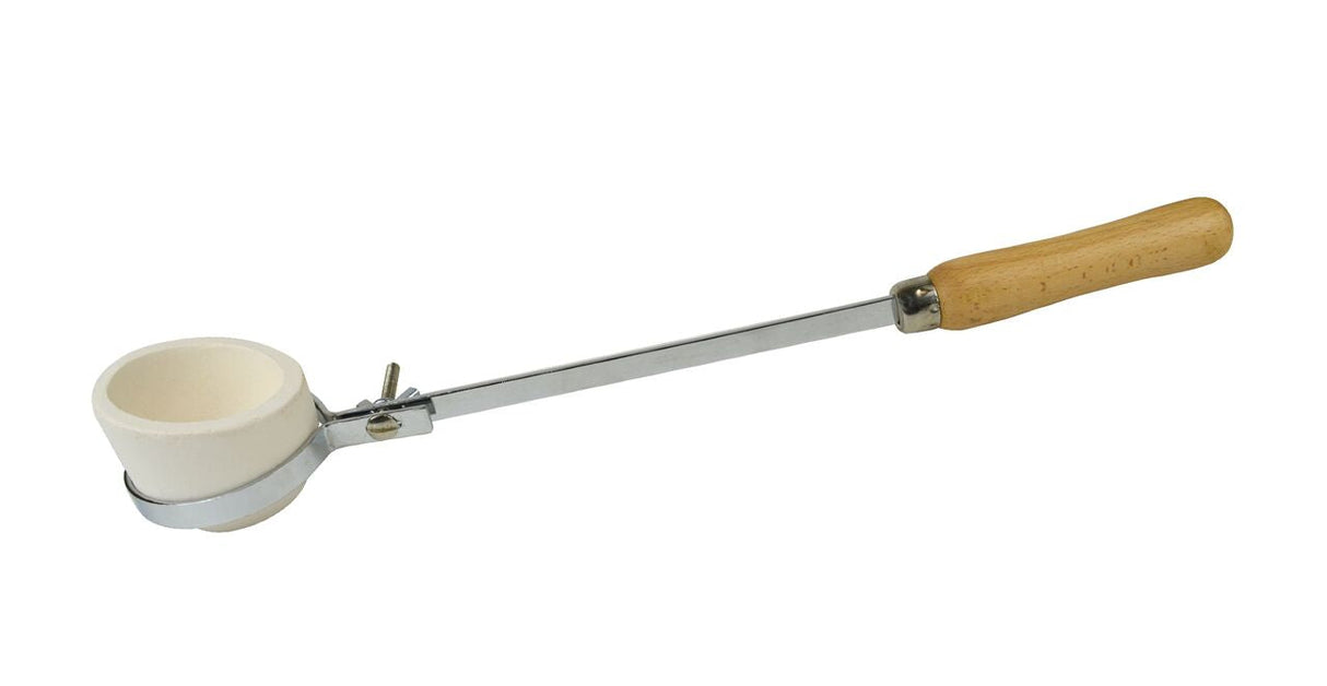 Adjustable fly-nut tongs with wooden handle and high-back crucible for safe hot material handling