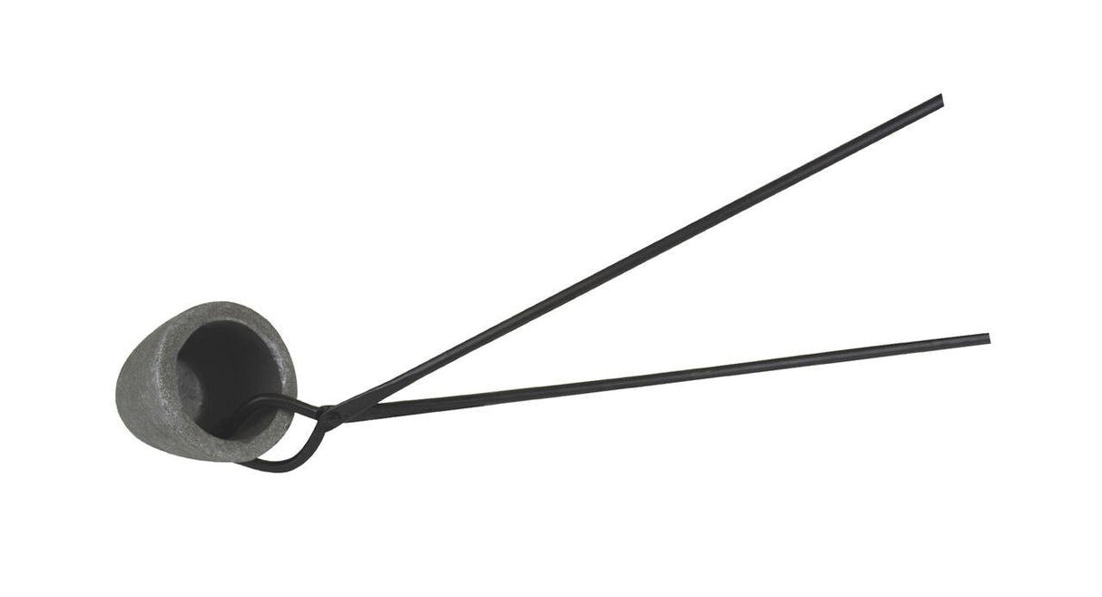 Hinge style tongs holding a graphite-clay crucible for metal casting.