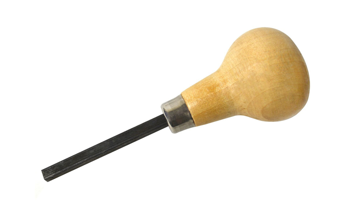 Square prong and bezel pusher tool with wooden curved handle and flat steel end for jewelry setting