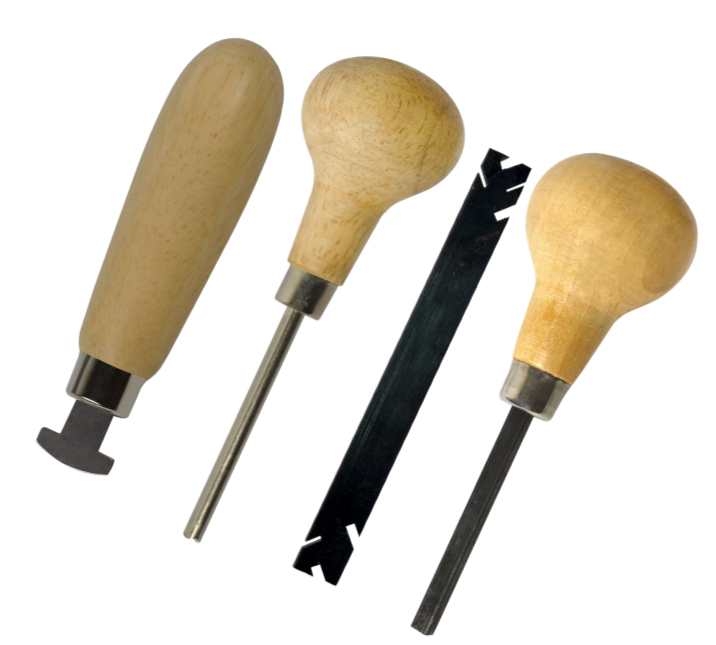 Professional Stone Setting Kit with wooden handles including square prong pusher, bezel pusher, grooved prong pusher, and mini prong lifter for jewelry making.