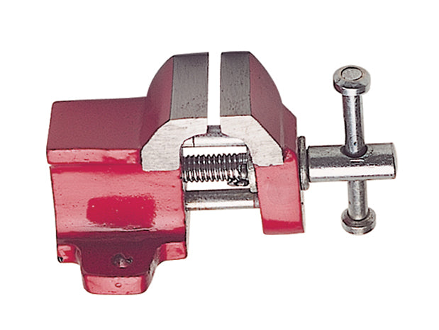 Compact red mini bench top vise with 1-inch jaws for precise clamping on workbenches