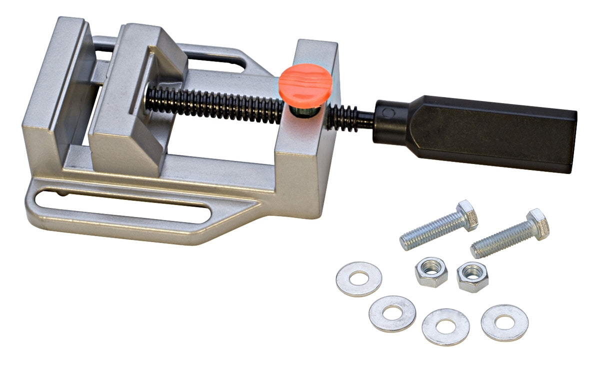 Aluminum benchtop drill press vise with quick-release jaws and mounting hardware for precise clamping