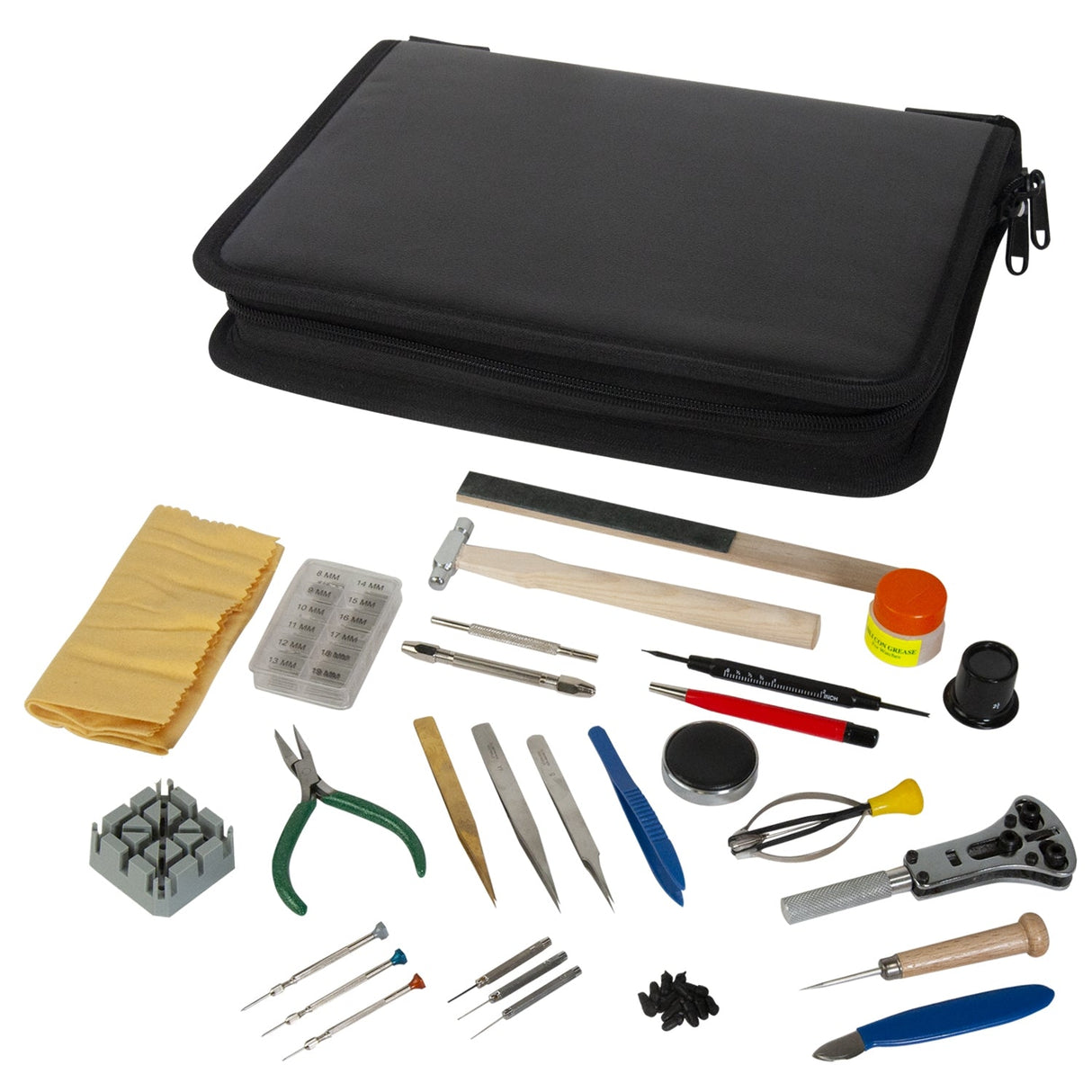 Complete 28 Piece Watch Repair Tool Kit with screwdrivers, spring bar tool, and case opener in compact carry case