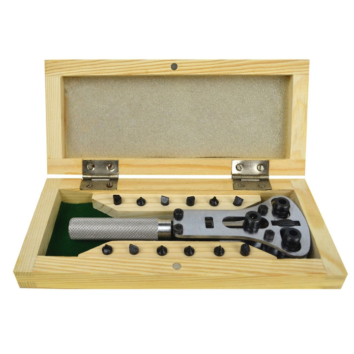Jaxa-Style Case Wrench kit with four jaw pins and wooden storage box for precision watch repairs