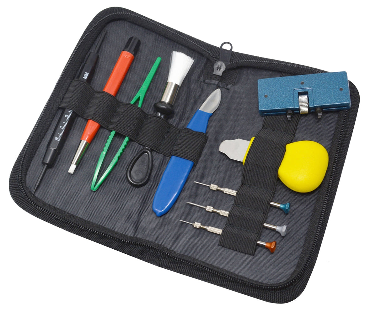 10-piece watch battery repair kit with case opener, spring bar tool, tweezers, brushes, and screwdriver set in zipper pouch