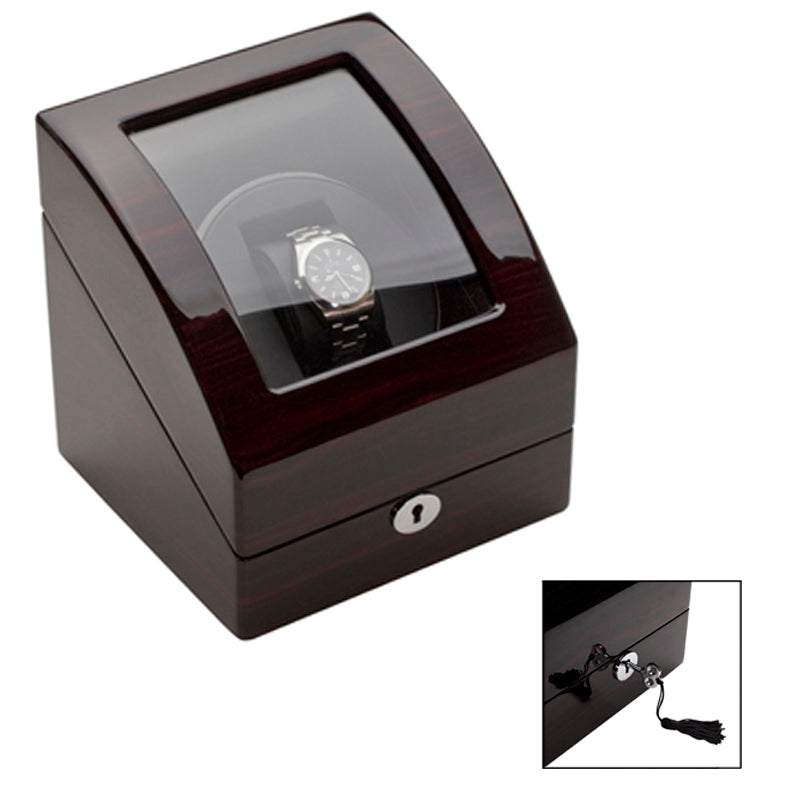 Compact polished wood watch winder with single cushion and glass top display