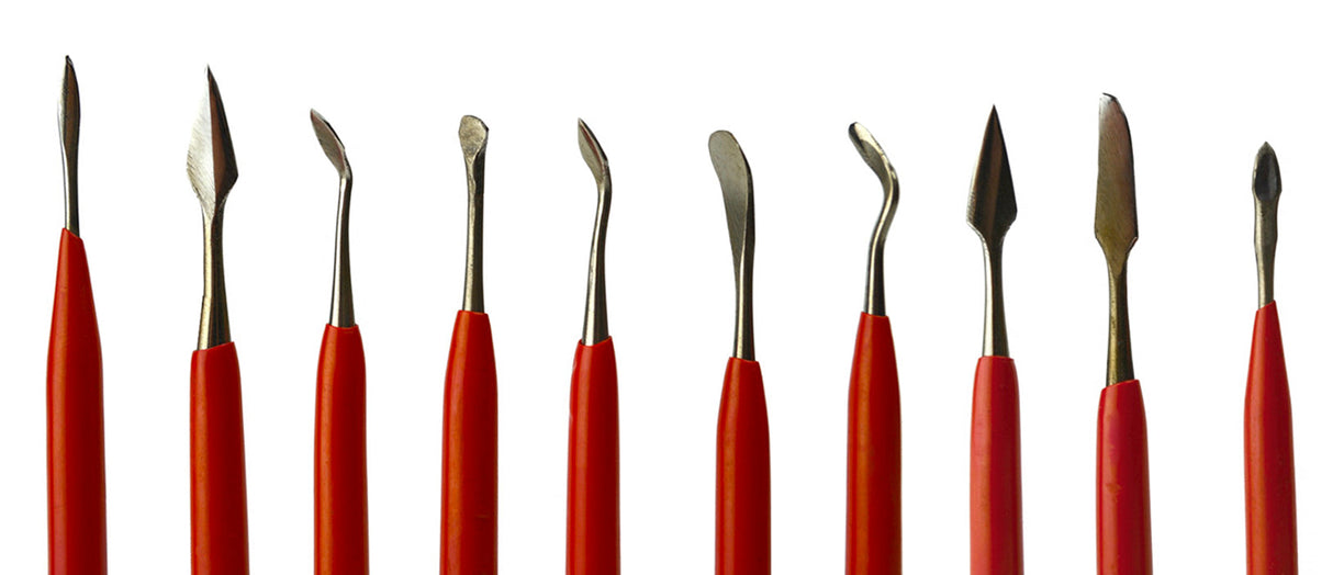 10 piece wax carving set with stainless steel heads and red rubber grips for precise detailing and reduced hand fatigue