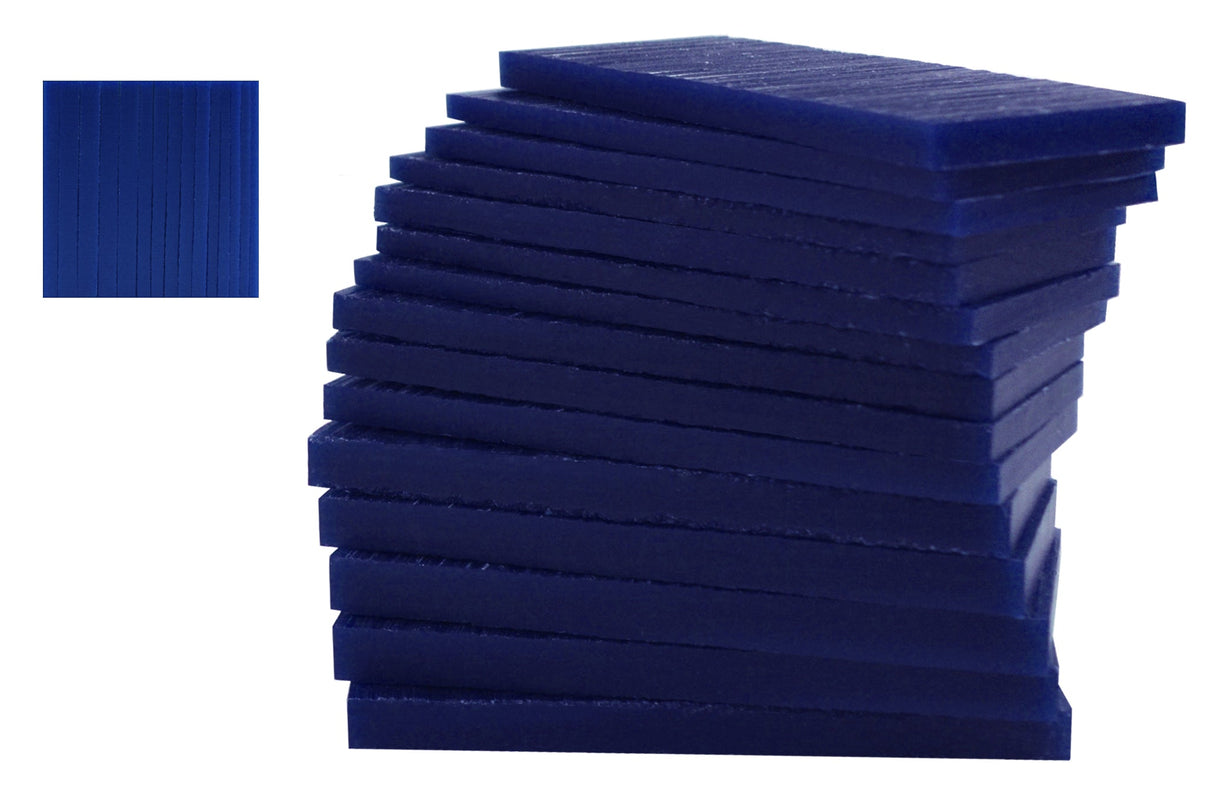 Stack of medium-hard blue carving wax slices for detailed hand carving and machining projects