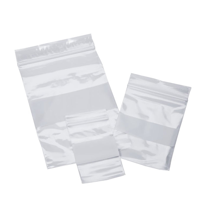 Box of 1,000 2x2 plastic bags with white block, self-locking and resealable