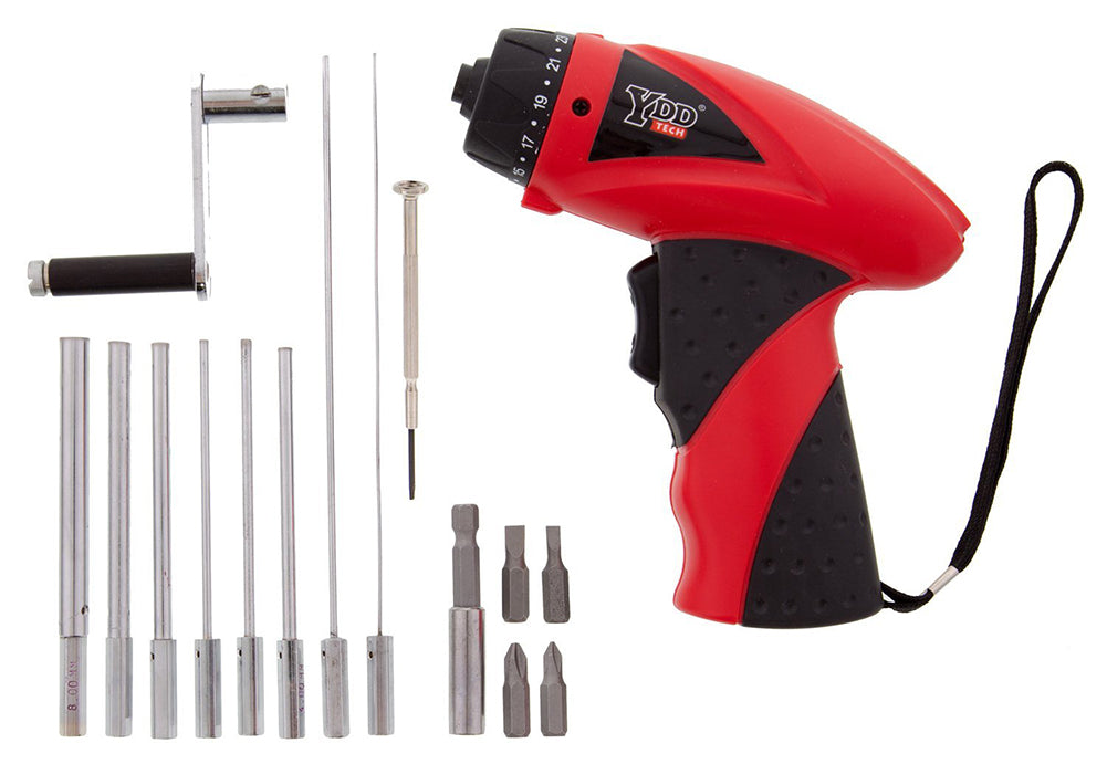 Quick Coiler Set with red battery-powered drill and 8 standard mandrels for coil winding