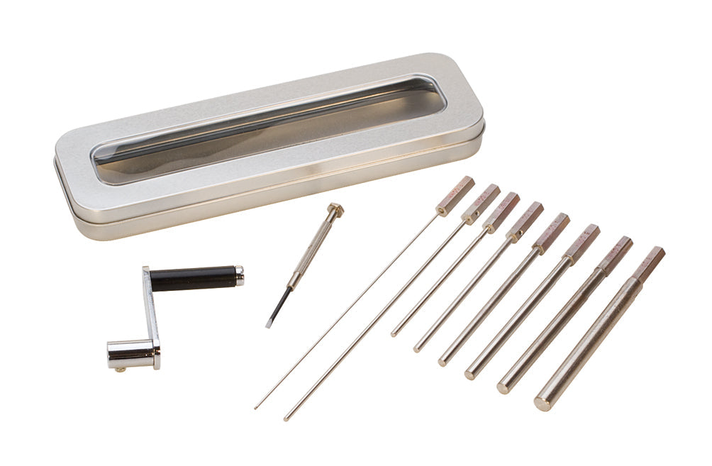 8 Piece Coiler jewelry-making tool set with standard mandrels and rotating handle in metal storage case