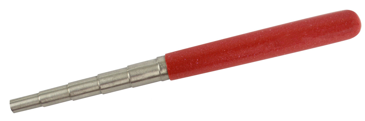 Wire wrapping mandrel with five stainless steel diameters and red non-slip handle for jewelry making