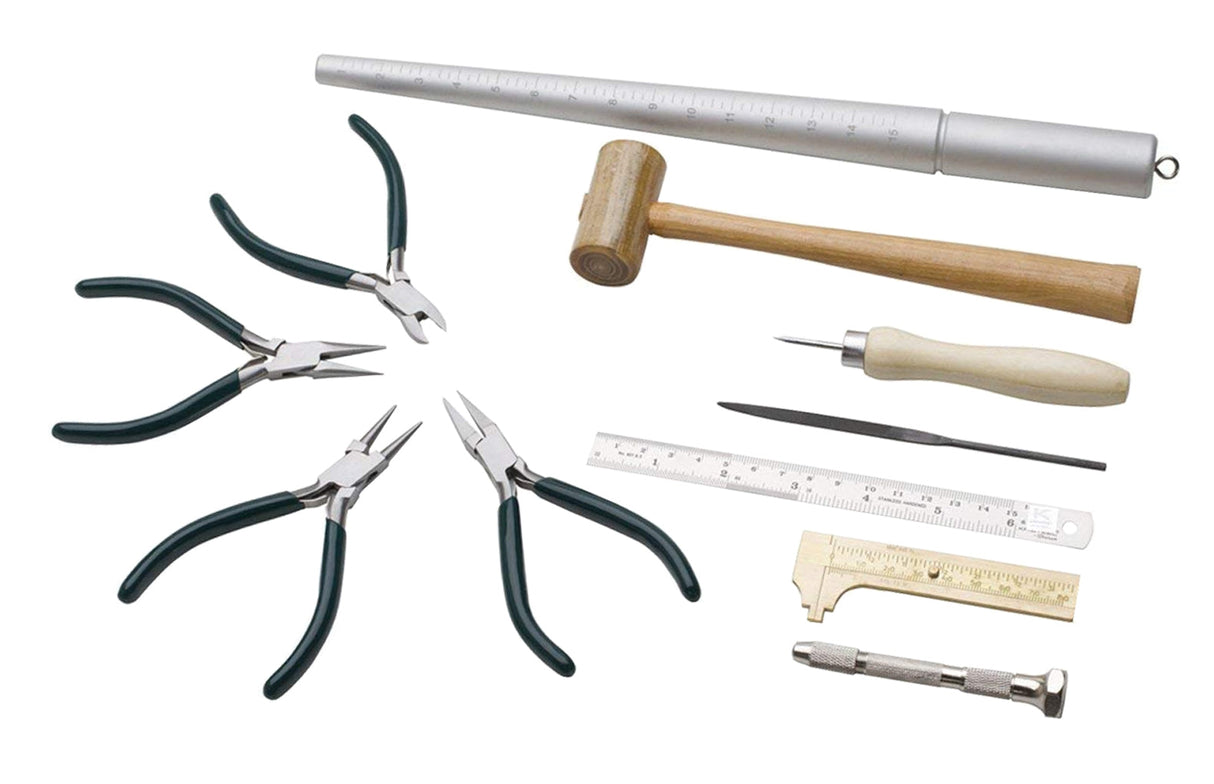 Wire Wrapping Kit with pliers, wooden mallet, mandrel, rulers, awl, file, and screwdriver for beginner jewelry making and wire work