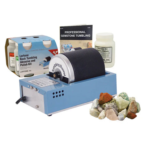 3LB Lortone 3A Rock Tumbling Kit with abrasive polish kit, rough stones, plastic pellets, and instruction booklet