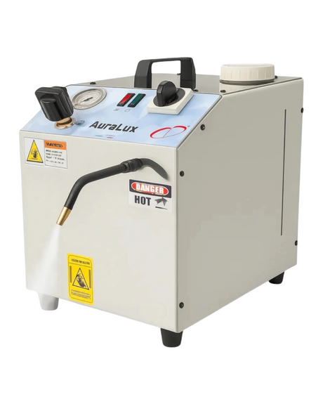 Compact Auralux Jewelry Steamer with corrosion-resistant copper tank and stainless steel body for professional-grade cleaning.