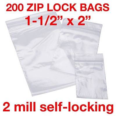 200 piece 1-1/2" x 2" clear 2mil zip lock plastic bags resealable baggies