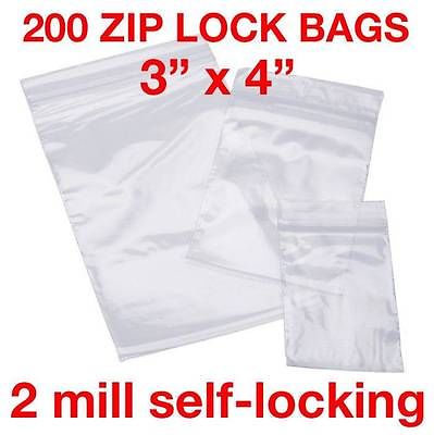 200 clear 3x4 inch 2MIL zip lock plastic bags 200 piece set