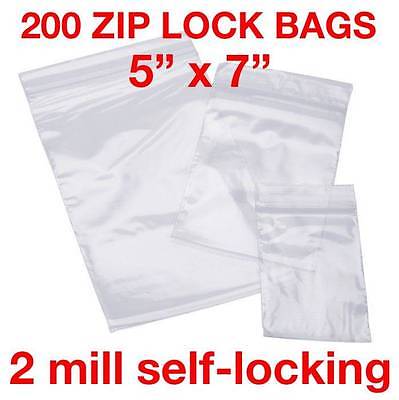 200 PIECE 5" X 7" 2MIL ZIP LOCK BAGS POLY RECLOSABLE PLASTIC BAGS CLEAR BAGGIES