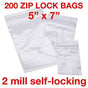 200 PIECE 5" X 7" 2MIL ZIP LOCK BAGS POLY RECLOSABLE PLASTIC BAGS CLEAR BAGGIES