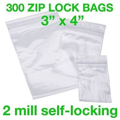 300 piece 3x4 clear zip lock bags 2 mil self-locking reclosable plastic baggies