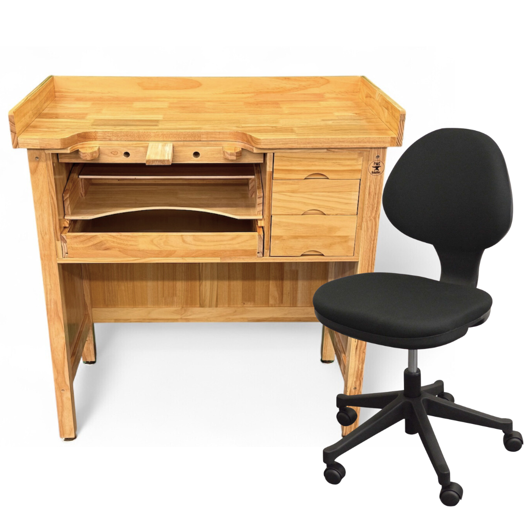 Deluxe solid wood jewelers bench set with adjustable swivel chair for ergonomic workspace