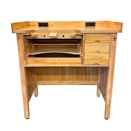 Deluxe solid wooden jeweler’s studio work bench with built-in power outlets, USB ports, three drawers, pull-out tray, and armrests for efficient jewelry making.