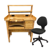 Deluxe Solid Wooden Jeweler’s Bench Set with Shelf Organizer, Chair & Built-In Power Outlets + USB Ports