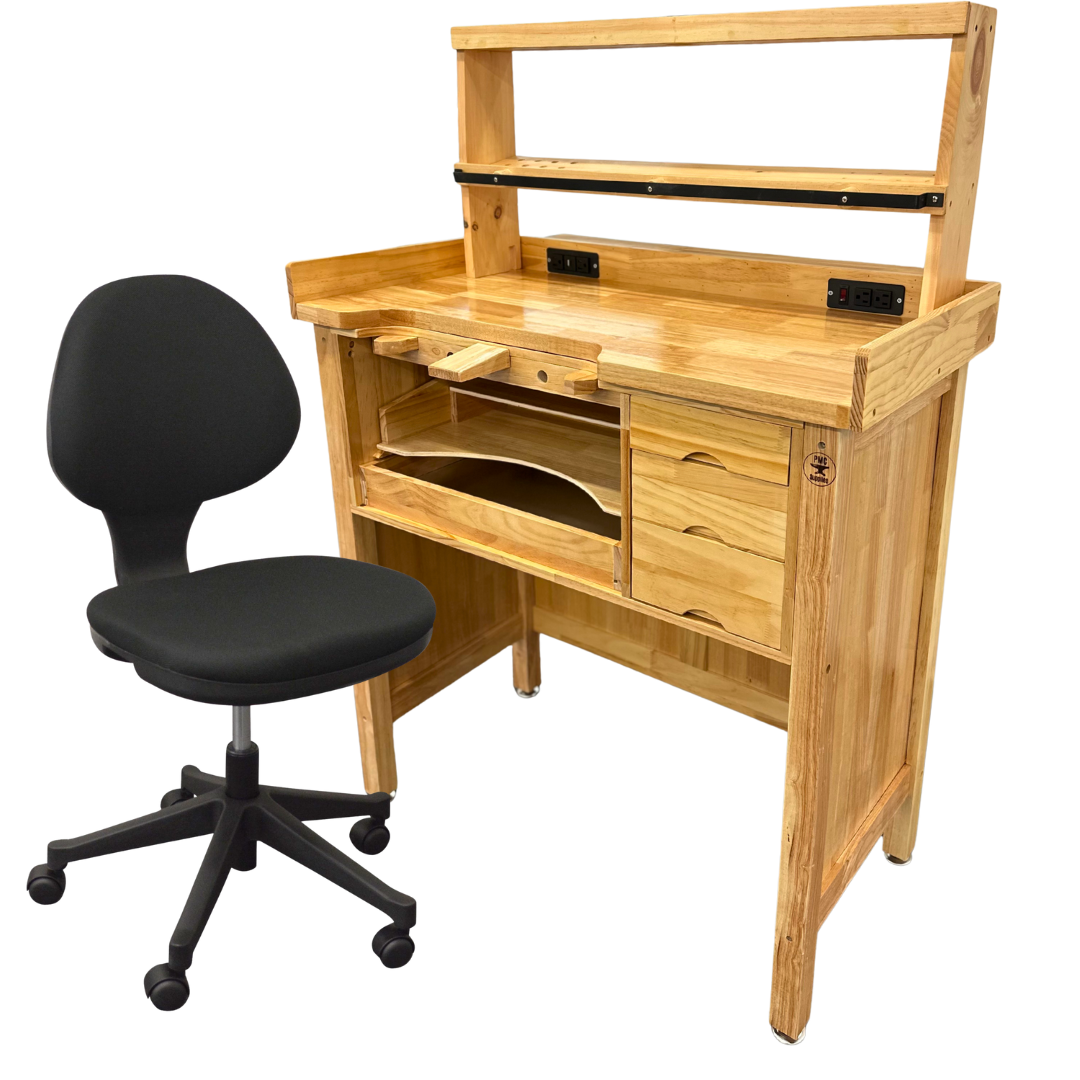 Deluxe Solid Wooden Jeweler’s Bench Set with Shelf Organizer, Chair & Built-In Power Outlets + USB Ports